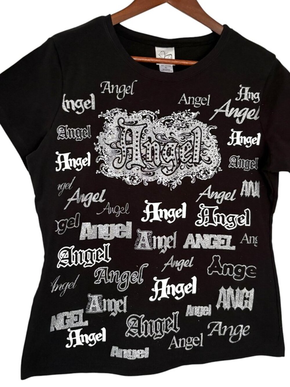 Vintage Y2K Angel Graphic T Shirt XL Black Silver Sparkle Punk Emo Grunge Top